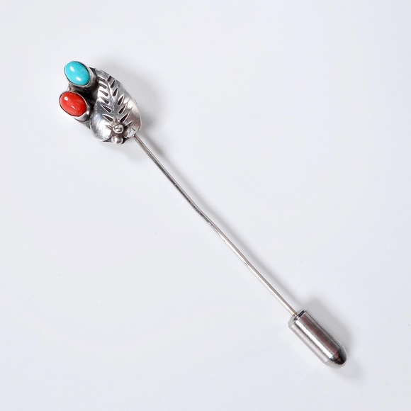VTG Navajo Roy Vandever Signed Turquoise Coral Stick Pin Sterling Silver Brooch - Picture 7 of 7